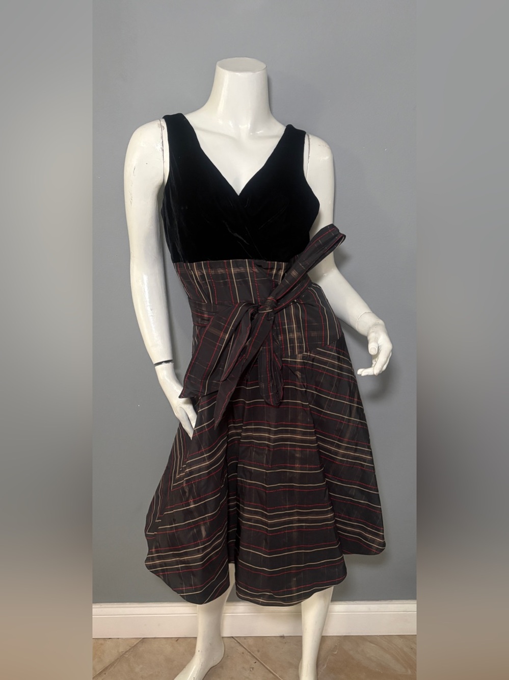 Max & Cleo Black Velvet Bodice with Striped Tie-Waist Midi Dress